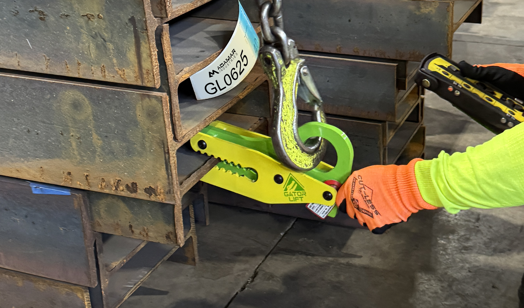 talon dual hook for lifting chain and no touch safety operations. Industrial hook tool. Multi use hook tool for hand safety