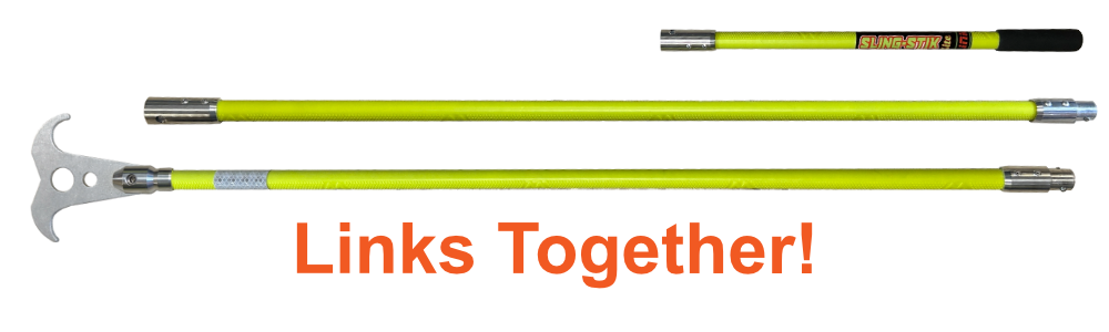 sling-stik link is a rigid, link-together, long reach no touch suspended load control tool that grabs onto chain, wire rope, synthetic slings, webbing, rope, cable, rebar, and provides safe hands free positioning of suspended loads