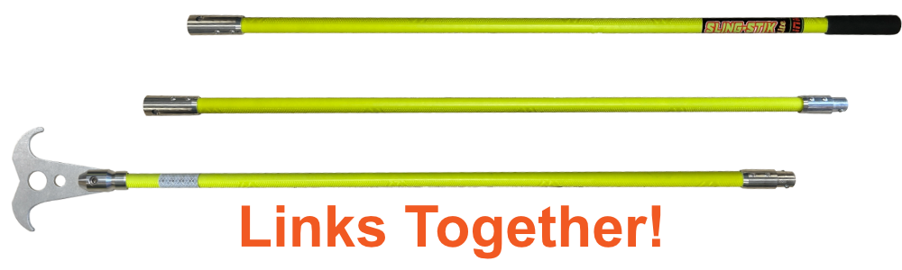 sling-stik link is a rigid, link-together, long reach no touch suspended load control tool that grabs onto chain, wire rope, synthetic slings, webbing, rope, cable, rebar, and provides safe hands free positioning of suspended loads