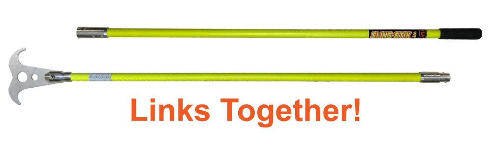 sling-stik link is a rigid, link-together, long reach no touch suspended load control tool that grabs onto chain, wire rope, synthetic slings, webbing, rope, cable, rebar, and provides safe hands free positioning of suspended loads
