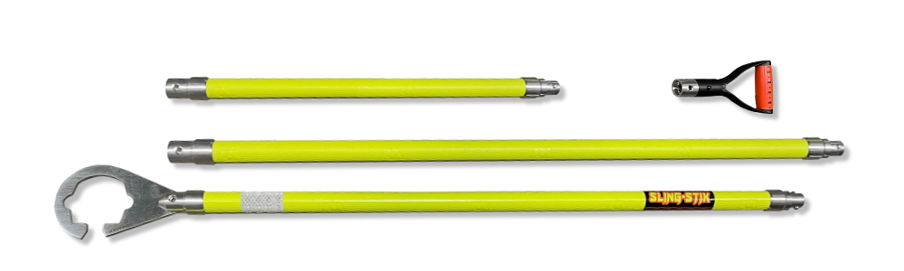 sling-stik is a no touch suspended load control tool that grabs onto chain, wire rope, synthetic slings, webbing, rope, cable, rebar, and provides safe hands free positioning of suspended loads