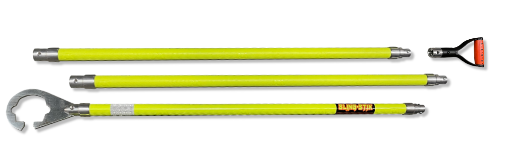 sling-stik is a no touch suspended load control tool that grabs onto chain, wire rope, synthetic slings, webbing, rope, cable, rebar, and provides safe hands free positioning of suspended loads