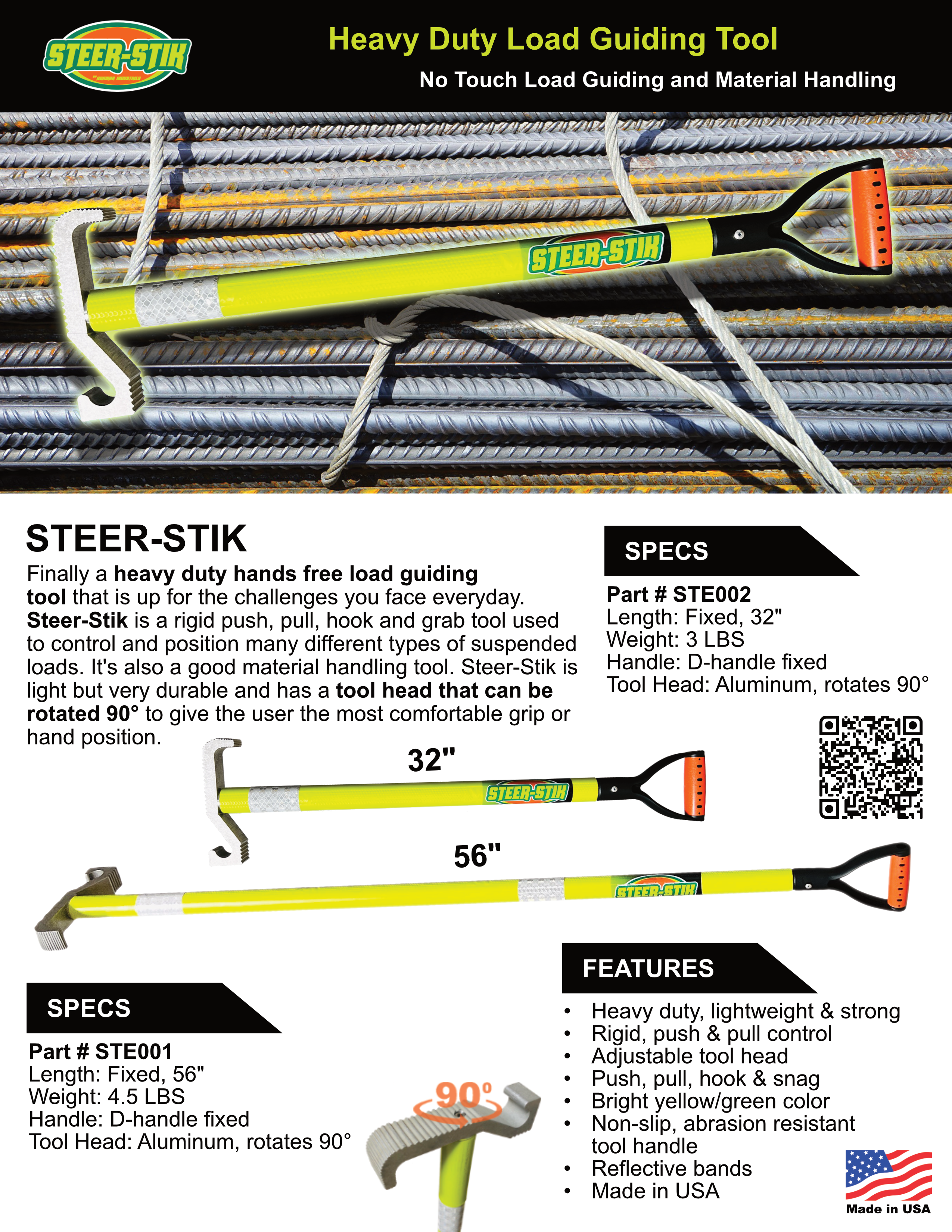 STEER-STIK Hands free load guider - Heavy duty push pull load guiding  safety tool. Hands off suspended load control. Material handling tools.  Push and pull control of suspended loads.